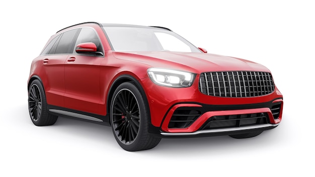 Um carro SUV esportivo ultrarrápido caro para condução emocionante na cidade na estrada e na pista de corrida modelo 3D de um carro vermelho em um fundo branco isolado renderização em 3d