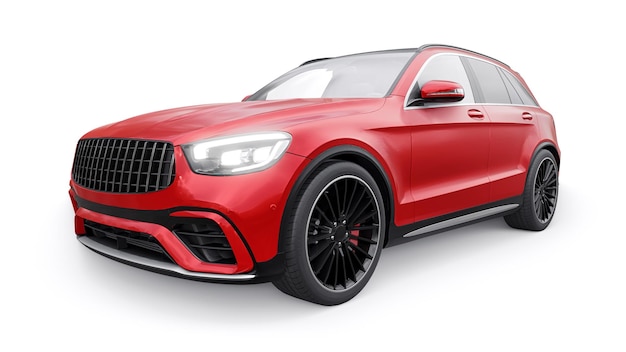 Um carro suv esportivo ultrarrápido caro para condução emocionante na cidade na estrada e na pista de corrida modelo 3d de um carro vermelho em um fundo branco isolado renderização em 3d