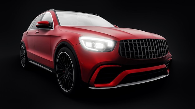 Um carro SUV esportivo ultrarrápido caro para condução emocionante na cidade na estrada e na pista de corrida modelo 3D de um carro vermelho em um fundo preto isolado renderização em 3d