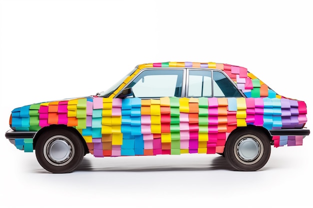 Um carro totalmente coberto com centenas de notas postit coloridas