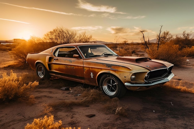 Um carro velho enferrujado está estacionado em um deserto ao pôr do sol.