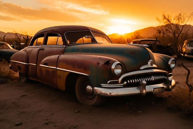 Um carro velho enferrujado senta-se em um campo ao pôr do sol.