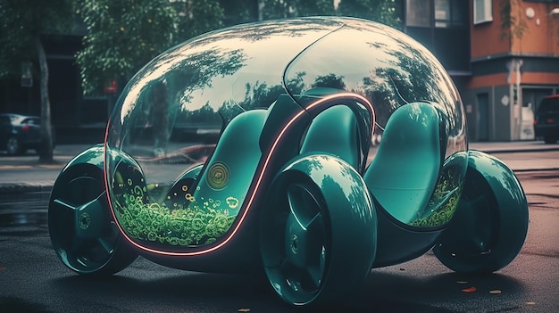 Um carro verde com um assento verde que diz 'buggy' nele