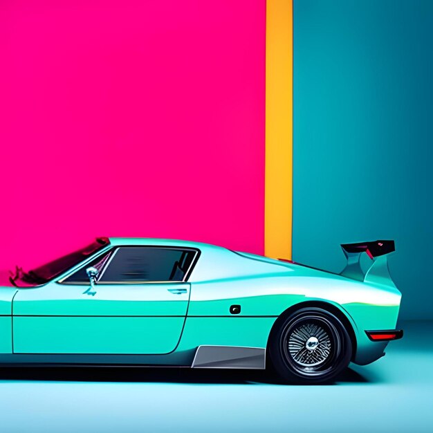 Foto um carro verde e azul com um fundo azul e rosa