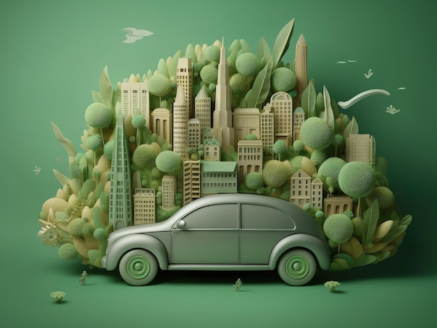 Um carro verde é cercado por uma paisagem urbana verde.