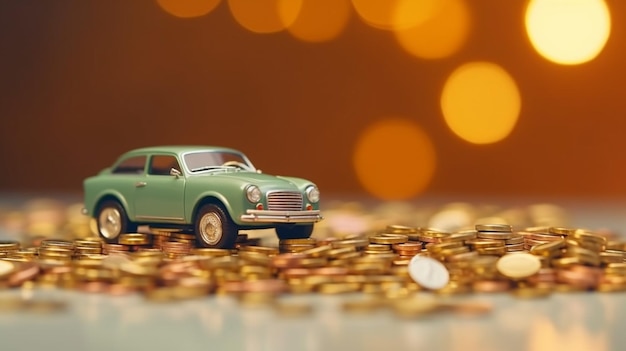 Um carro verde está sobre uma pilha de moedas com as palavras "carro" no topo.