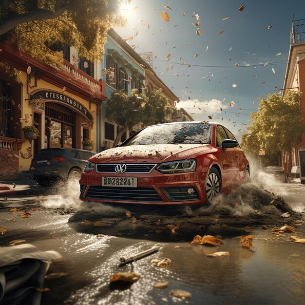 Um carro vermelho BMW está a atravessar a água.