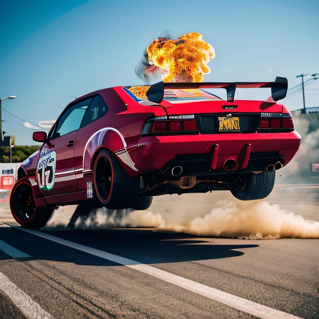 Um carro vermelho com muita fumaça saindo do escapamento em uma pista de corrida com fumaça saindo