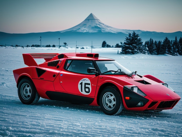 Um carro vermelho com o número 16 na lateral está estacionado na neve.