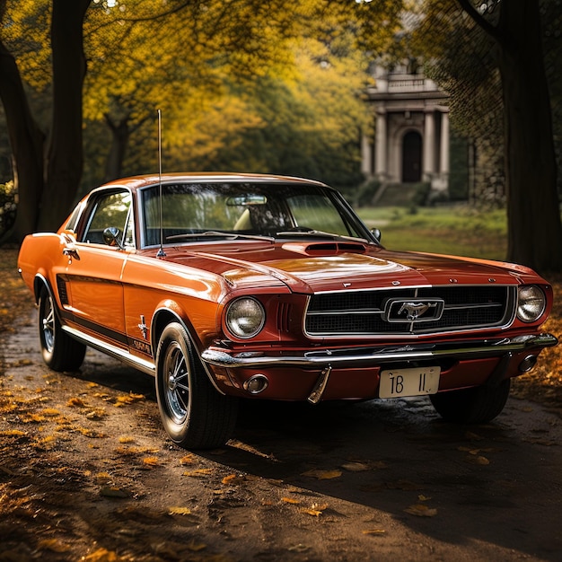 Um carro vermelho com uma placa de matrícula que diz Ford na frente