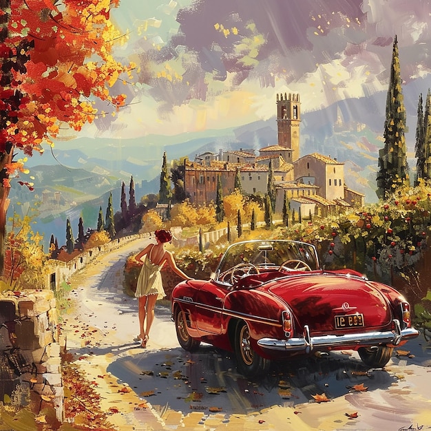 um carro vermelho e uma linda senhora a conduzir na estrada da Itália