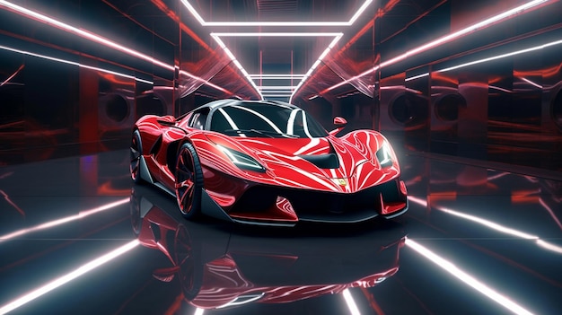 Um carro vermelho em um quarto escuro com luzes na parede