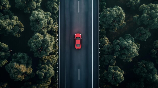 um carro vermelho está dirigindo por uma estrada com árvores ao fundo