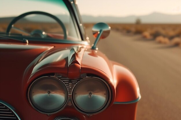 Foto um carro vermelho está estacionado em uma estrada rural no deserto.