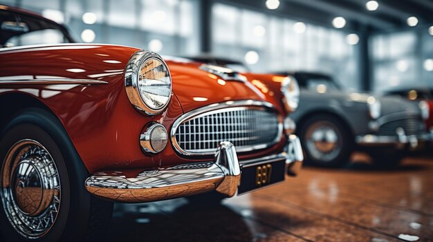 Foto um carro vermelho estacionado em uma sala de exposições perfeito para promoções da indústria automotiva