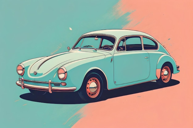 Um carro vintage com um corpo azul e um fundo rosa.