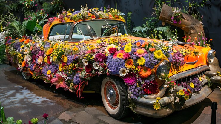 Foto um carro vintage é completamente coberto por uma bela exposição de flores coloridas