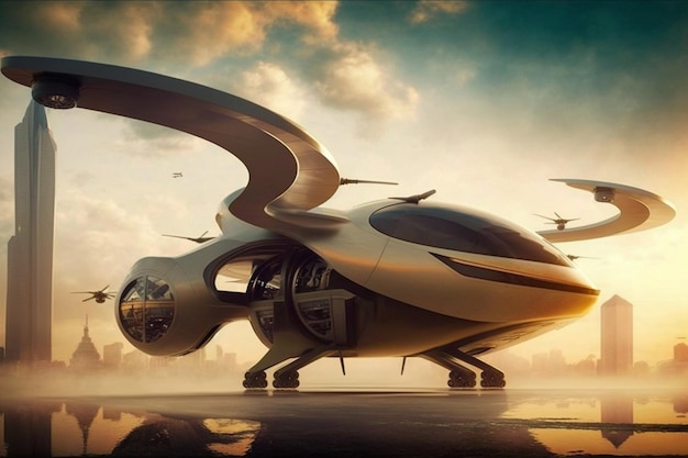 Um carro voador futurista com uma grande asa que diz 'carro voador'