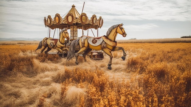 Um carrossel desmontado cavalos no meio de um campo de trigo