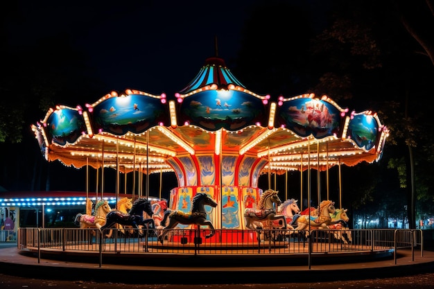 Foto um carrossel iluminado com cavalos brilhantes