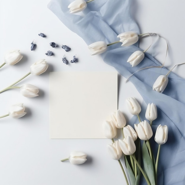 Um cartão branco ao lado de um buquê de tulipas brancas