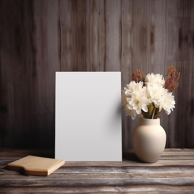 um cartão branco com flores em uma mesa de madeira