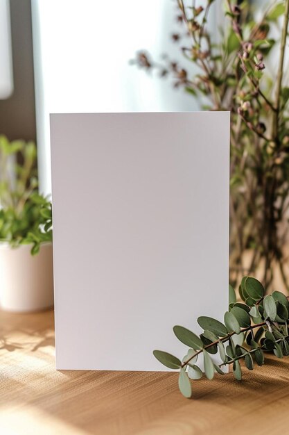 Foto um cartão branco sentado em cima de uma mesa de madeira