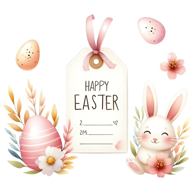 Foto um cartão com ovos de páscoa e coelho nele