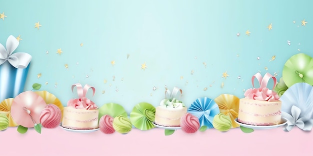 Um cartão de aniversário colorido com bolos em um fundo azul