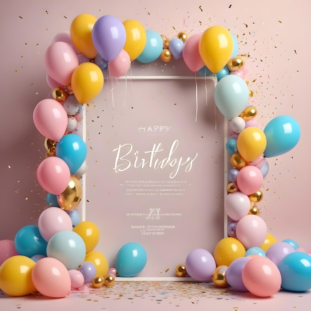 Foto um cartão de aniversário com balões coloridos e brilho dourado na parte inferior