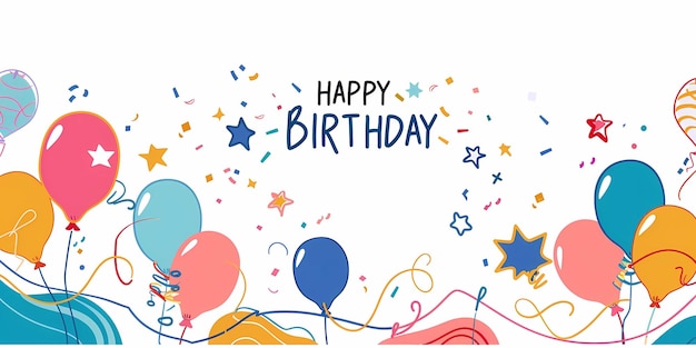 um cartão de aniversário com balões e estrelas e as palavras feliz aniversário