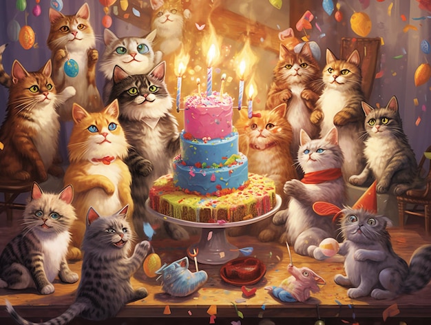 Um cartão de aniversário com gatos e um bolo de aniversário.