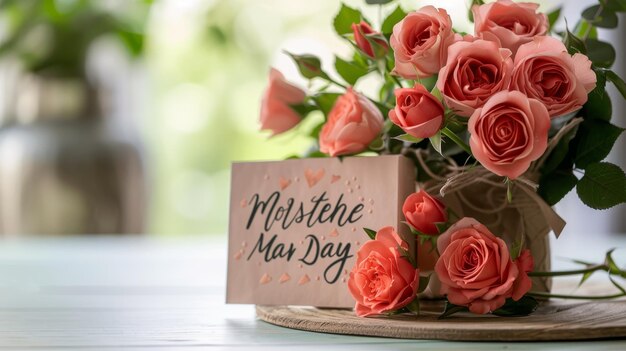 Foto um cartão de dia da mãe com rosas rústicas em madeira