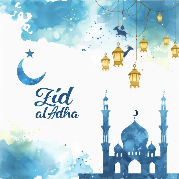 Um cartão de Eid alAdha com temática de aquarela azul serena com lanternas, uma lua crescente e uma silhueta de mesquita para um toque espiritual