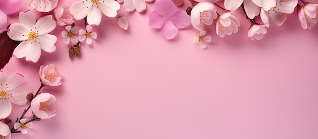 Um cartão de felicitações com fundo rosa e flores cor de rosa dispostas em um padrão colocado em uma superfície plana