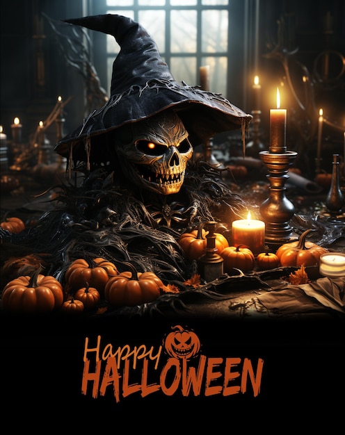 um cartão de feliz dia das bruxas com abóboras e um chapéu de bruxa arte gótica um pôster Anne Stokes assustador