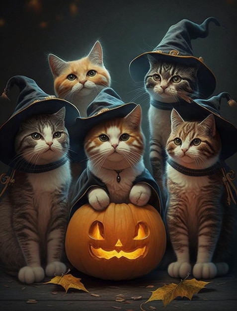 Um cartão de halloween com gatos em chapéus e uma abóbora