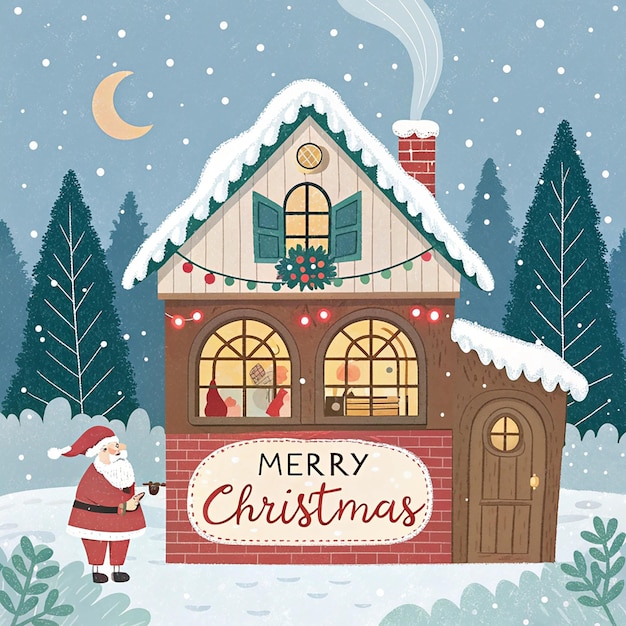 Um cartão de Natal com o Pai Natal e um letreiro que diz " Feliz Natal "