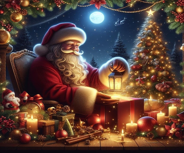 Um cartão de Natal com o Papai Noel a ler um livro