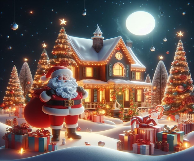 Um cartão de Natal com o Papai Noel e um Papai Noel em frente a uma casa
