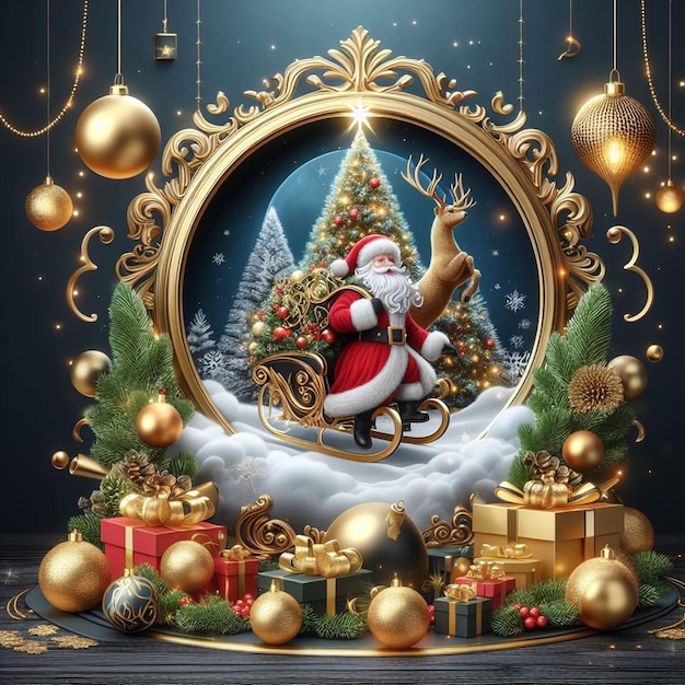 um cartão de Natal com o Papai Noel e uma árvore de Natal ao fundo