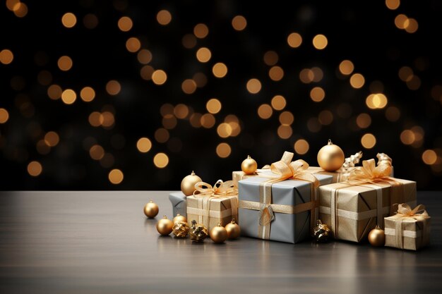 Um cartão de Natal com ornamentos de ouro e bolas de ouro