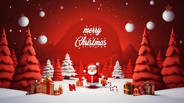 Um cartão de Natal com Papai Noel em pé na frente de uma árvore de Natal