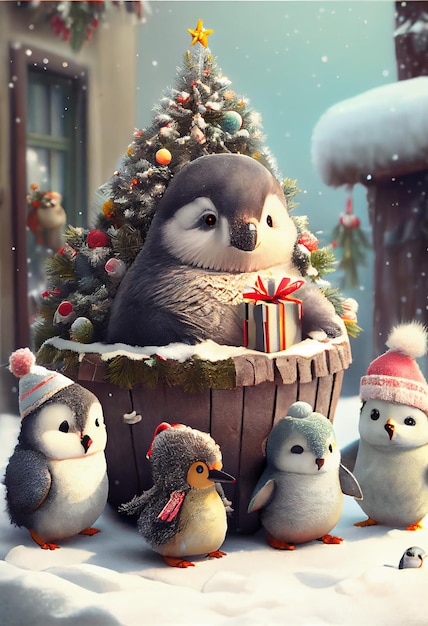 Um cartão de natal com pinguins e uma árvore de natal