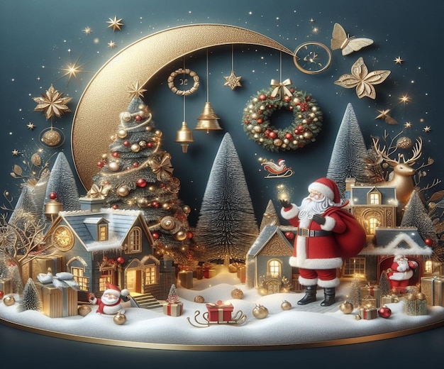 um cartão de Natal com um Papai Noel e uma árvore de Natal