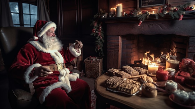 Um cartão de natal com um papai noel sentado em frente a uma lareira