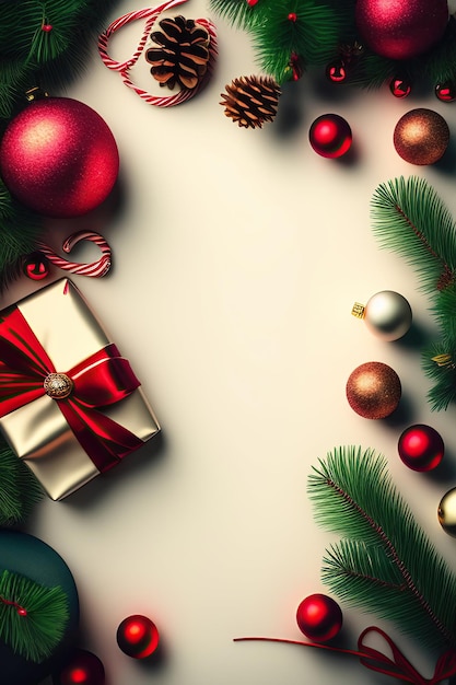 Um cartão de Natal com uma caixa de presentes de ouro e ornamentos sobre um fundo branco.