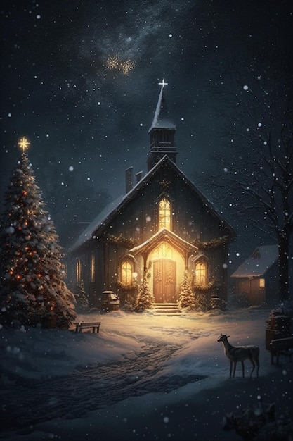 Um cartão de natal com uma igreja e uma árvore de natal
