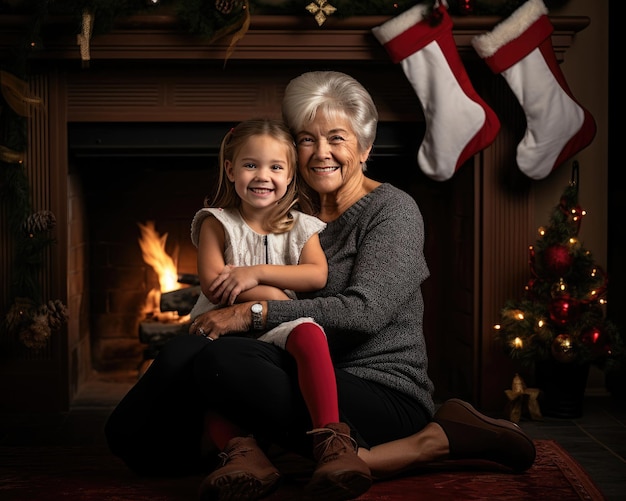 um cartão de natal com uma menina e uma lareira