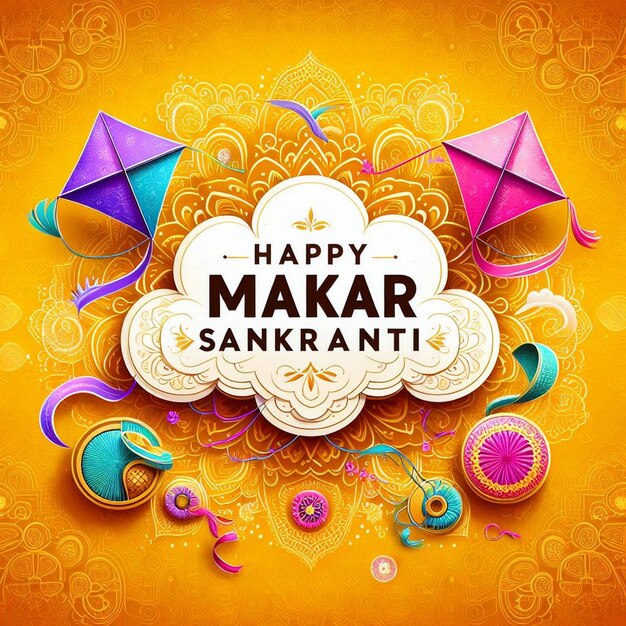 Um cartão de saudação festivo de Makar Sankranti com papagaios coloridos